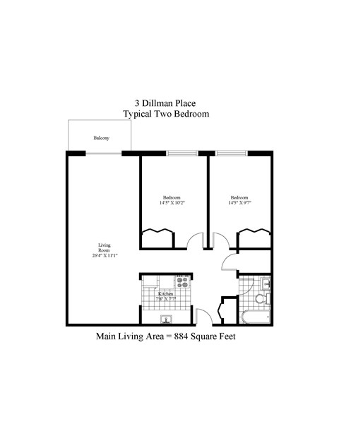 Floor plan for 2 beds, 1 bath, 884 sqft